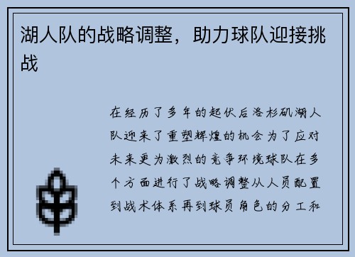 湖人队的战略调整，助力球队迎接挑战