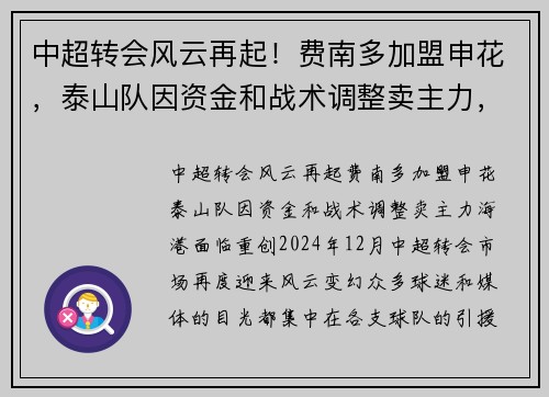中超转会风云再起！费南多加盟申花，泰山队因资金和战术调整卖主力，海港面临重创
