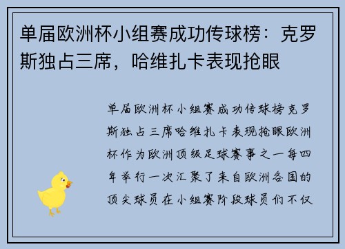单届欧洲杯小组赛成功传球榜：克罗斯独占三席，哈维扎卡表现抢眼