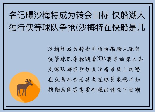名记曝沙梅特成为转会目标 快船湖人独行侠等球队争抢(沙梅特在快船是几号球衣)