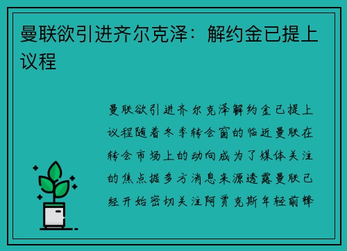 曼联欲引进齐尔克泽：解约金已提上议程