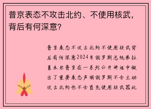 普京表态不攻击北约、不使用核武，背后有何深意？