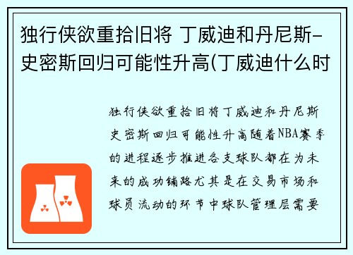 独行侠欲重拾旧将 丁威迪和丹尼斯-史密斯回归可能性升高(丁威迪什么时候回归)