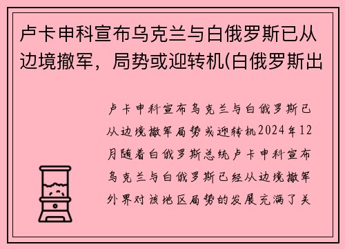 卢卡申科宣布乌克兰与白俄罗斯已从边境撤军，局势或迎转机(白俄罗斯出兵乌克兰)