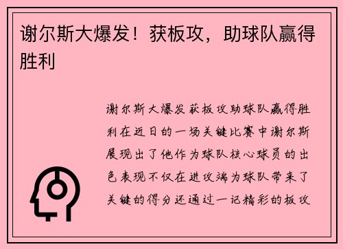 谢尔斯大爆发！获板攻，助球队赢得胜利