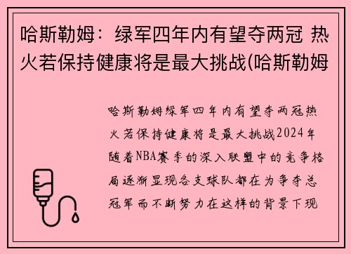 哈斯勒姆：绿军四年内有望夺两冠 热火若保持健康将是最大挑战(哈斯勒姆什么时候退役)