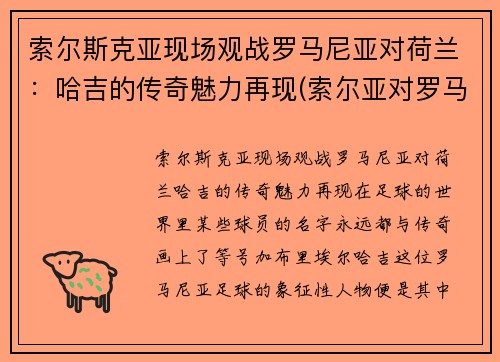 索尔斯克亚现场观战罗马尼亚对荷兰：哈吉的传奇魅力再现(索尔亚对罗马直播)